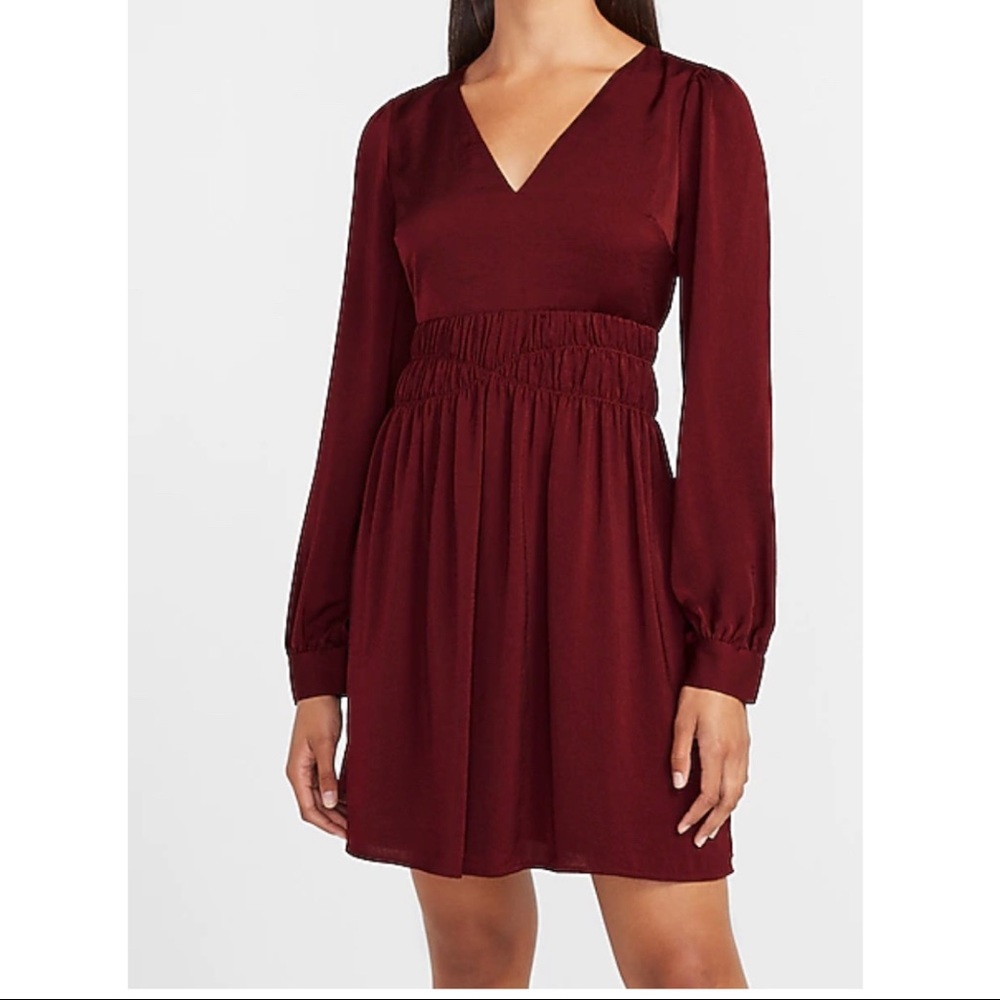 Express Satin Smocked Waist Long Sleeve Dress NWT
